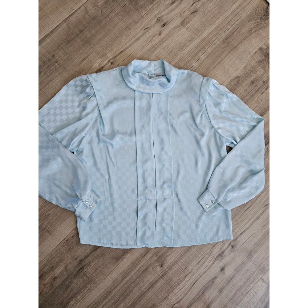 Jonathan Martin Vintage Light Blue Checkered Mock Neck Blouse Size 14
